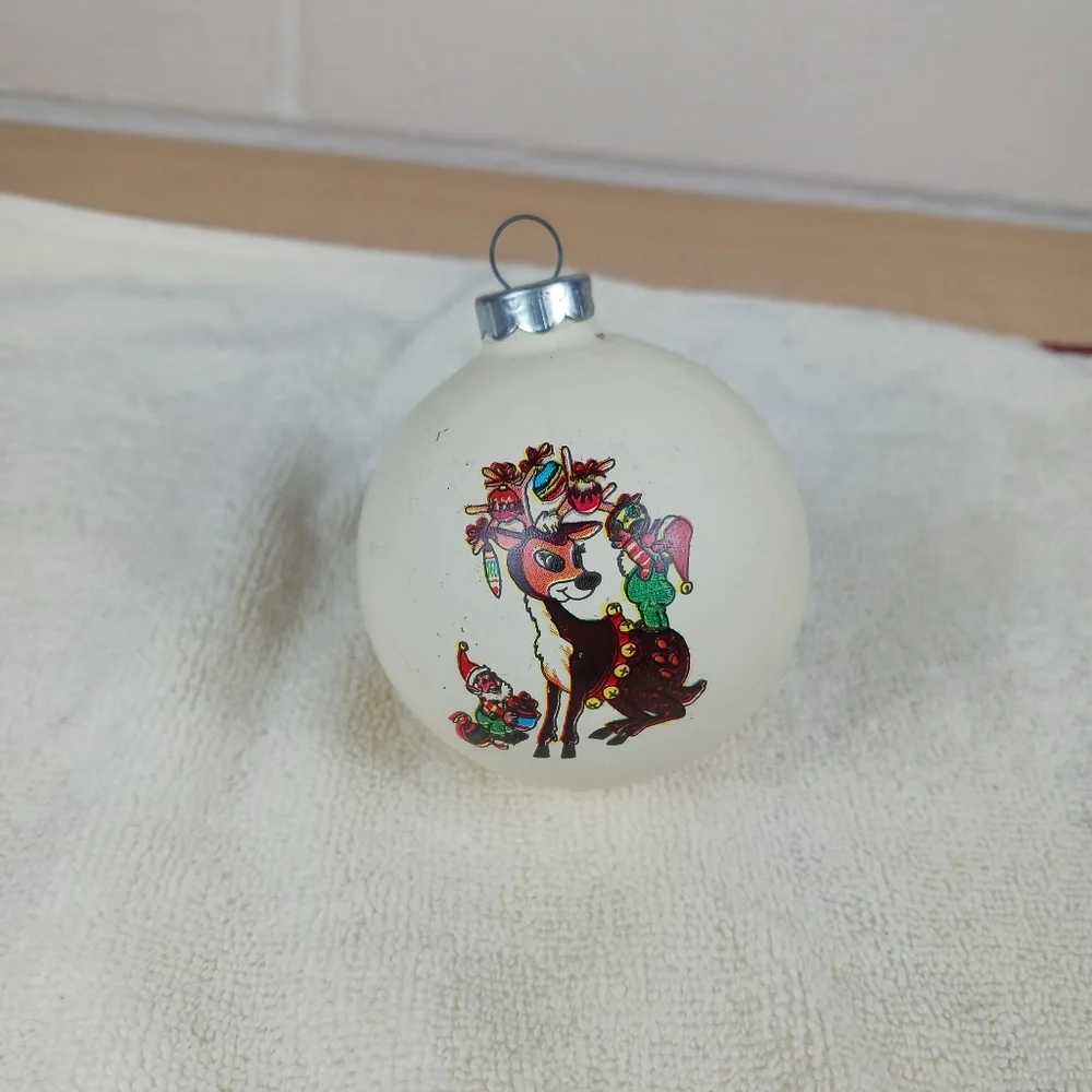 Vintage Rauch Ind Glass Hand Painted Reindeer And Elves Ornament Cartoon‎